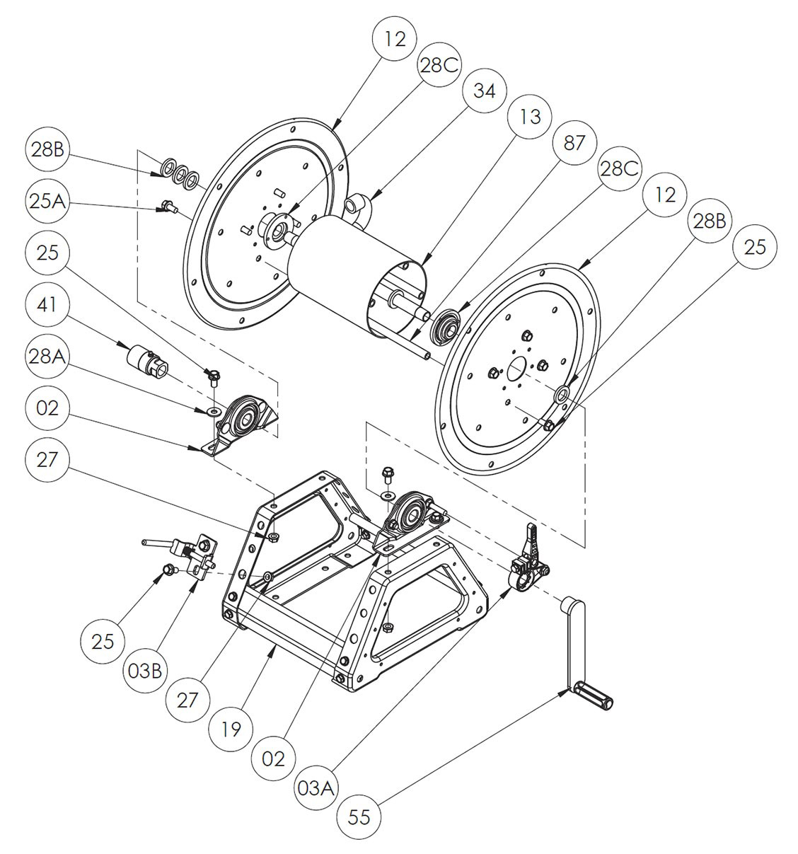 Hannay Reels 1500 series hand crank hose reel parts diagram